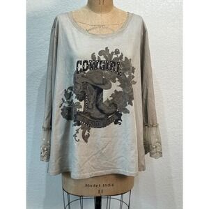 A Rare Bird Cowgirl Graphic Top Tan Linen Blend Lace Cuff Rhinestone OS NWT